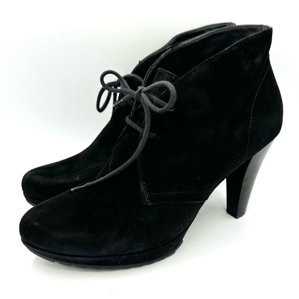 Paul Green High Heeled Suede Leather Boots solid black tie lace up